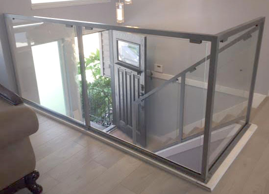 contemporary interior glass railing, silver, vancouver